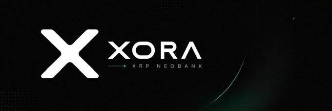 A sleek black banner displays the XORA logo with a large white "X" beside the brand name and the tagline "XRP NEOBANK," visually reinforcing the post's concept of crypto evolving into a fully functional bank.