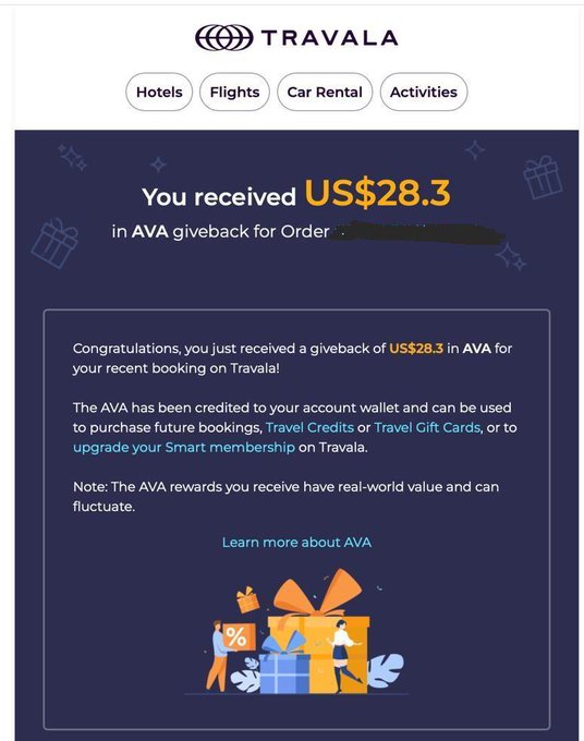 A Travala notification email confirming the recipient received US$28.3 in AVA giveback for an order, explaining how the AVA credits can be used for travel bookings, membership upgrades, and travel credits.