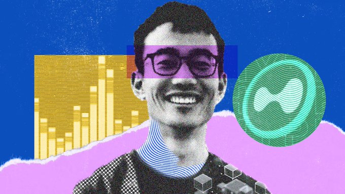 A colorful collage-style illustration featuring a smiling young man with glasses against a blue and pink background, with a Starknet logo and a yellow bar chart graphic.