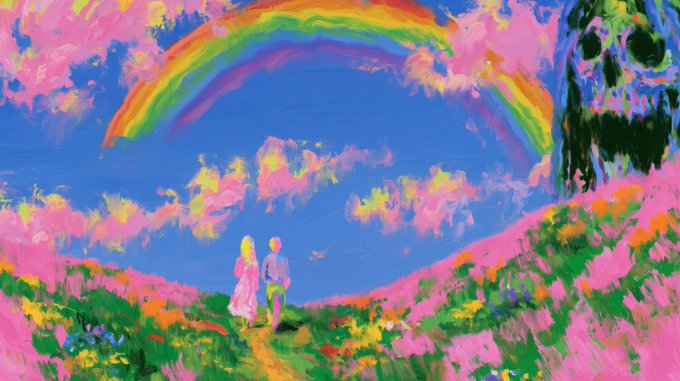 A vibrant, impressionistic painting depicting two figures standing in a field of pink and yellow flowers under a bright rainbow and a blue sky with pink clouds.