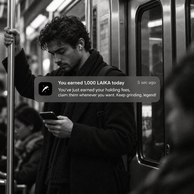 A black and white photo of a man looking at his phone on a subway train, overlaid with a notification reading 'You earned 1,000 LAIKA today - You've just earned your holding fees, claim them whenever you want. Keep grinding, legend!'