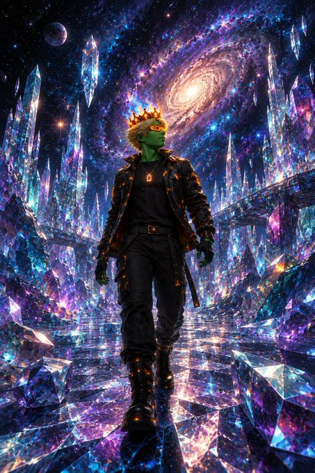A vibrant digital artwork of a crowned figure with green skin and spiky hair wearing a dark outfit, standing on a crystalline mirror-like surface in a surreal fantasy landscape with purple and blue crystal spires and a swirling galaxy in the sky.