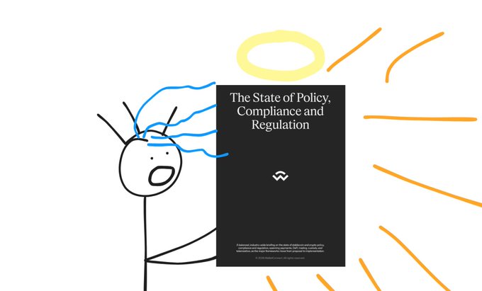 A black book titled 'The State of Policy, Compliance and Regulation' is illustrated over a doodle of a wide-eyed stick figure with a blue hand and orange sun-like rays.