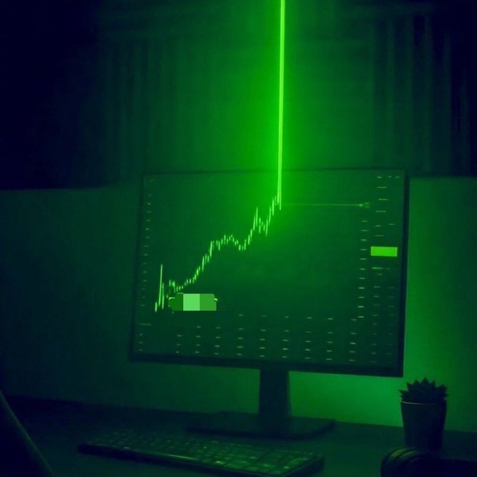 A computer monitor displays a green-tinted stock market chart with a prominent vertical spike, set in a dark room.