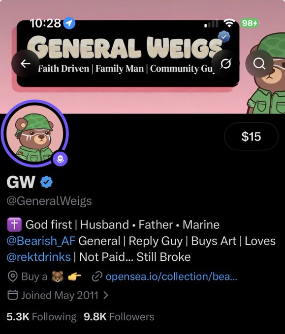 A Twitter/X profile for 'GW' (@GeneralWeigs), a verified user describing himself as 'God first | Husband • Father • Marine,' with 5.3K Following and 9.8K Followers, and a bear avatar wearing a green hat and jacket.