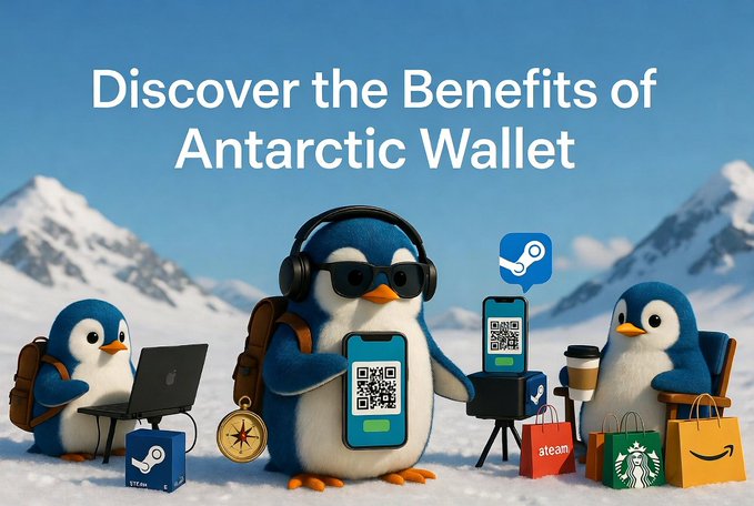 The image features three penguins standing next to each other with their backs facing the camera. They are surrounded by various objects such as a laptop, a backpack, and a cup of coffee. The background shows snow-covered mountains under a clear blue sky. The text in the image reads "Discover the benefits of Antarctic wallet" and "Crypto is at its best when it becomes part of everyday life. @AntarcticWallet makes that possible by turning USDT and TON into a seamless payment experience".