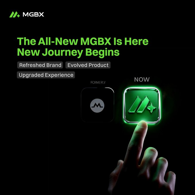 A promotional banner for MGBX announcing 'The All-New MGBX Is Here, New Journey Begins' with a refreshed brand, showing a transition from an 'M' logo to a new green logo design.
