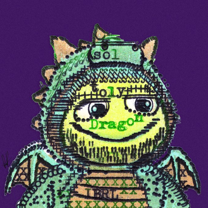 A mixed-media digital drawing features a yellow character with cat ears labeled 'sol' and 'oly Dragon' against a purple background.