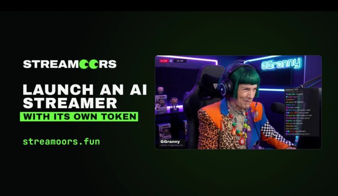 A promotional advertisement for 'STREAMOORS' featuring 'Launch an AI Streamer with its own token' and streamoors.fun, showing an AI character called 'GGranny'.