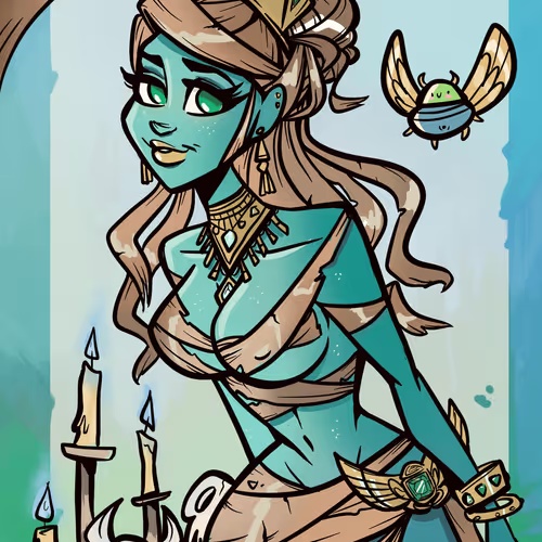 A cartoon illustration of a teal-skinned woman with flowing brown hair, wearing tribal jewelry and a belt with a green gem, accompanied by a small flying beetle-like creature.