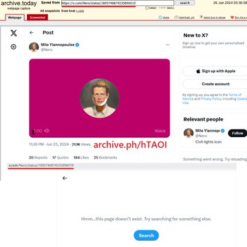 A web archive snapshot of an X (formerly Twitter) post by Milo Yiannopoulos dated Jun 25, 2024, showing a profile picture on a magenta background with an overlay reading "archive.ph/hTAOi".