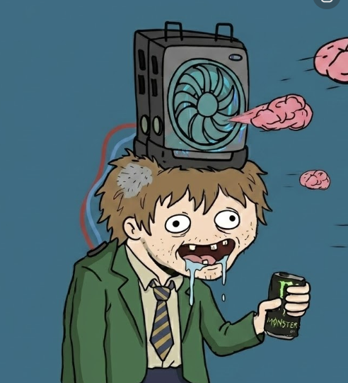 A cartoon illustration of a disheveled man drooling, wearing a green suit and holding a can of Monster energy drink, with a fan mounted on his head blowing his brains out.