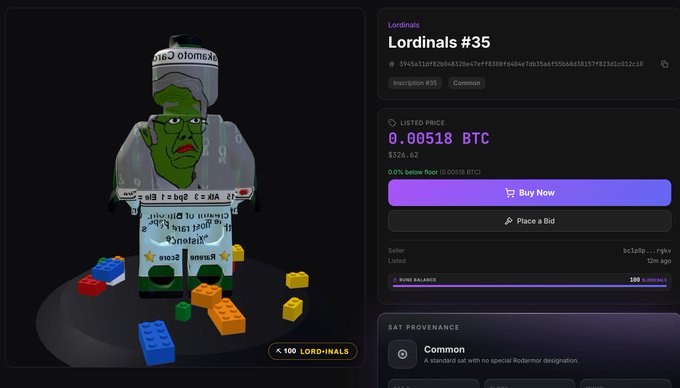 The image shows a screenshot from a marketplace listing for "Lordinals #35," a Common ordinal inscription (ID 35) priced at 0.00518 BTC ($126.62) with a Buy Now option. The featured artwork depicts a green-skinned LEGO-style character wearing a crown reading "King of Zombie" and holding a sign about brains, with colorful building blocks scattered at its feet—visually representing how Ordinal artwork and Rune balances can be packaged together into a single UTXO, as the post describes.