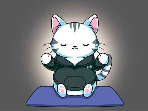 A cute cartoon cat in a black hoodie meditates peacefully on a purple yoga mat, embodying the calm "zen" mindset required to hold $HYPE and $PURR without selling. The image humorously represents the patience and composure of a disciplined investor watching these tokens.