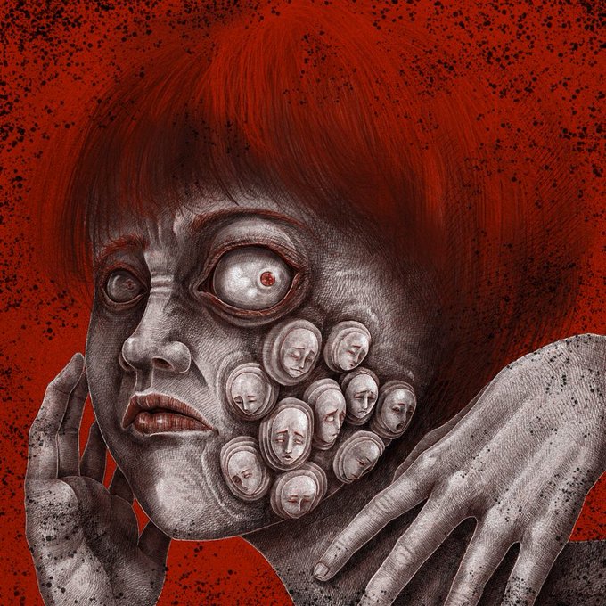 A surreal, unsettling portrait depicts a figure with gray skin, red hair, and a cluster of small faces emerging from their cheek, set against a textured red background.