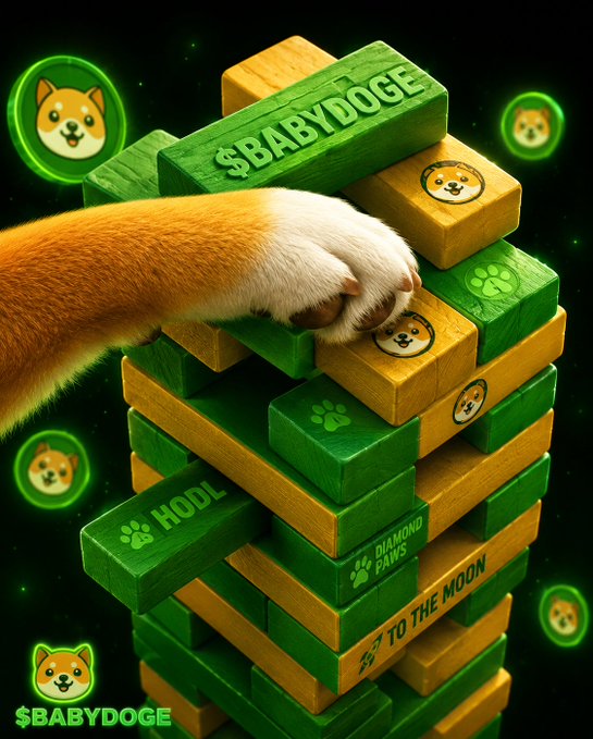 A digital illustration shows a Shiba Inu paw reaching for a Jenga tower of green and yellow blocks labeled '$BABYDOGE', 'HODL', 'DIAMOND PAWS', and 'TO THE MOON'.