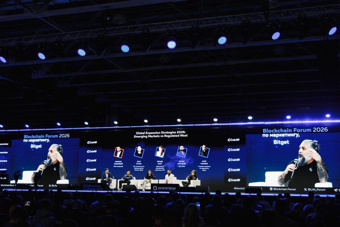 A speaker from Bitget appears on stage at "Blockchain Forum 2026," addressing an audience during a panel titled "Global Expansion Strategies 2026: Emerging Markets & Regulated West," featuring panelists listed on screen including representatives from Bidget, Gemini, Polygon Labs, Binance, KuCoin, and Nexo. The image aligns with the post, which highlights the speaker's four-year journey as one of Bitget's top representatives across Turkey, Azerbaijan, and the MENA region.