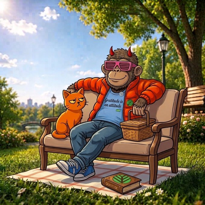 Stylized cartoon illustration of a monkey with red devil horns, pink shutter shades, and an orange puffer jacket reading 'Gratitude is an attitude,' sitting on a park bench next to an orange cat holding a picnic basket, with a 'GRATITUDE' book on the ground.