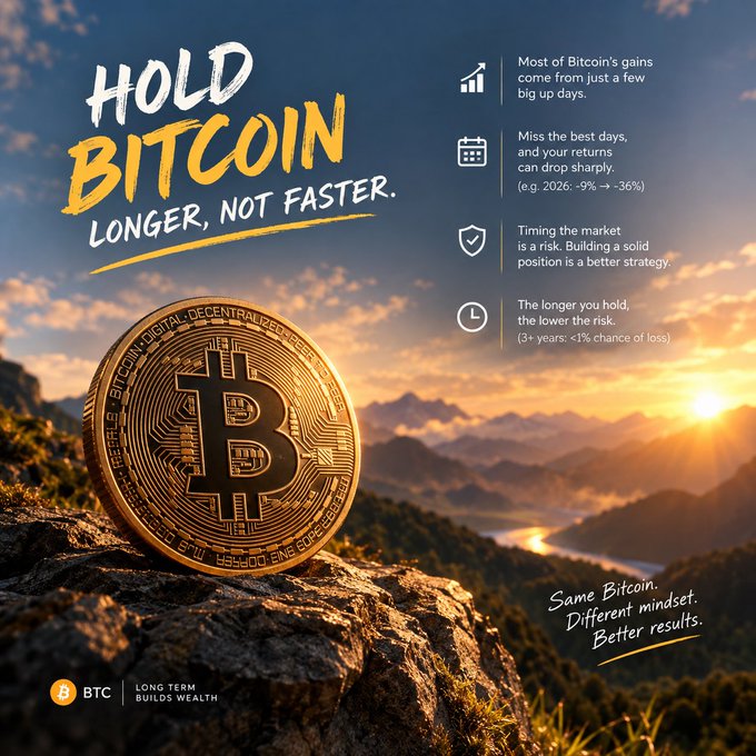 Bitcoin promotional poster titled 'HOLD BITCOIN LONGER, NOT FASTER' showing a gold BTC coin on a mountain with sunrise, highlighting long-term investment benefits.