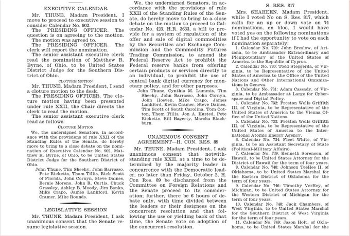 A page of United States Senate legislative text from the Executive Calendar dated November 18, detailing nominations by Senators including Mr. Thune (R-South Dakota), Mrs. Shaheen (D-New Hampshire), and Mr. Reed (D-Rhode Island).