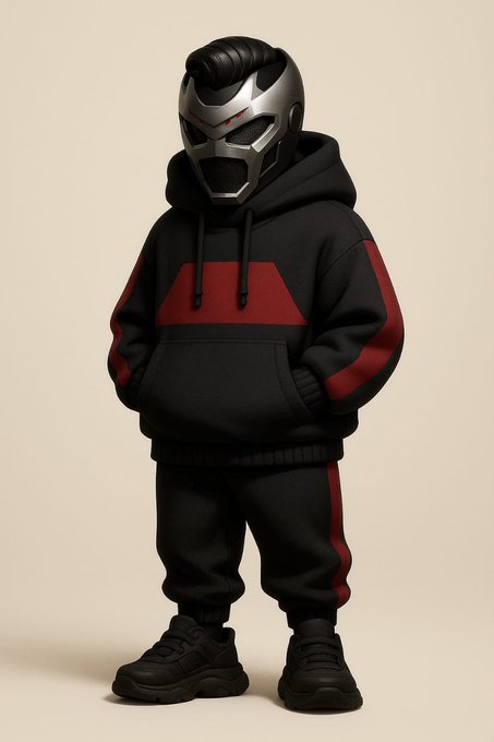 A stylized 3D-rendered character (chibi-style figure) wearing a black and red tracksuit, black sneakers, and a metallic wolf-like mask, standing against a plain background.