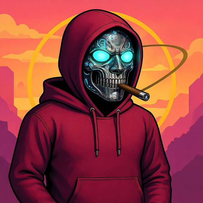 An illustrated figure wearing a red hoodie with a metallic skull face featuring glowing blue eyes, smoking a cigar against a sunset background with a golden halo.