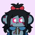 A chibi-style character with black hair, a red bow, red eyes, and a blue outfit stands against a pink background.