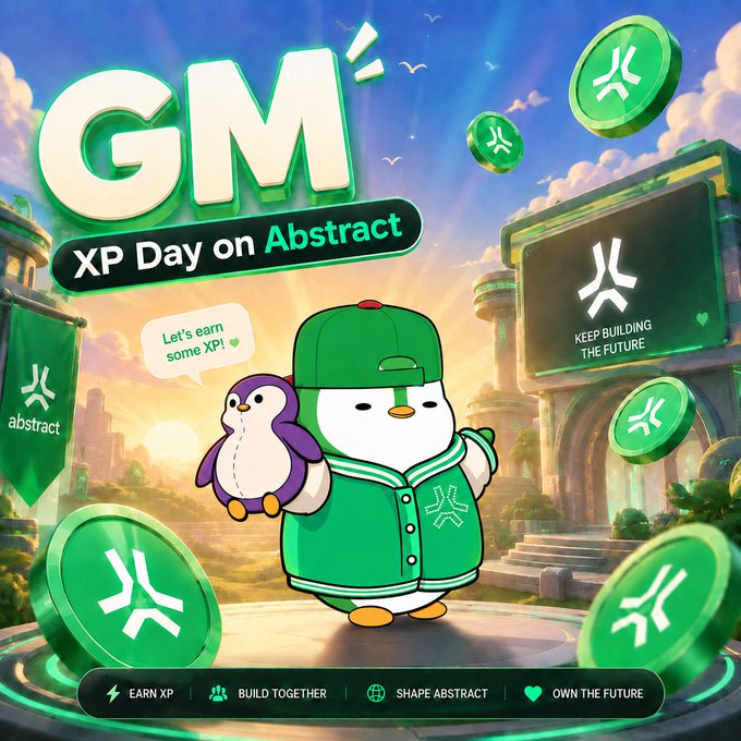 A promotional graphic titled 'GM - XP Day on Abstract' featuring a cartoon penguin mascot wearing a green cap and jacket, with floating coins and buttons for 'EARN XP', 'BUILD TOGETHER', 'SHAPE ABSTRACT', and 'OWN THE FUTURE'.