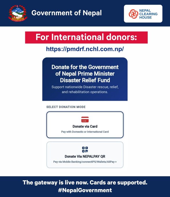 The image is an official donation portal from the Government of Nepal, managed through Nepal Clearing House (NCHL), providing international donors with two options—credit card payments or NEPALPAY QR—to contribute to the Prime Minister Disaster Relief Fund (PMDRF) at https://pmdrf.nchl.com.np/. The post relates to the image by highlighting the urgency of supporting Nepal during the ongoing flood disaster and expressing a desire to enable direct stablecoin donations to this official relief fund.
