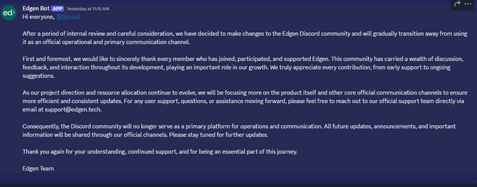 Discord announcement from Edgen Bot announcing changes to the Edgen Discord community and a transition away from using it as an official operational and primary communication channel.