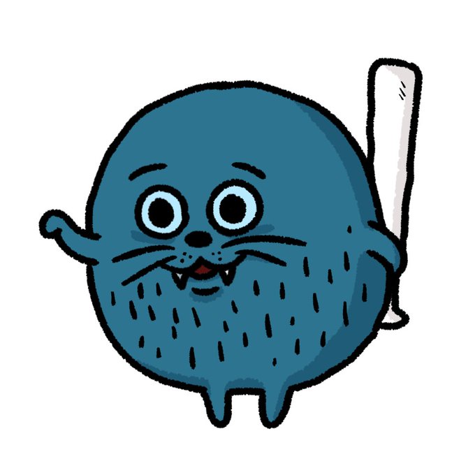 An illustration of a round, blue cartoon seal-like creature with big eyes, whiskers, two small fangs, and a white tail, waving one flipper.