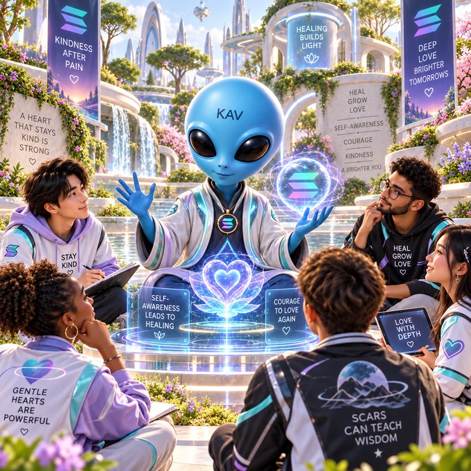A digital artwork depicts a blue alien labeled "KAV" with large black eyes, wearing a white robe, surrounded by people in a futuristic garden. Banners display motivational phrases like "KINDNESS AFTER PAIN," "HEALING BUILDS LIGHT," and "COURAGE KINDNESS A BRIGHTER YOU."
