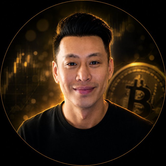 A man smiles in front of a golden background featuring a Bitcoin symbol and stock chart.
