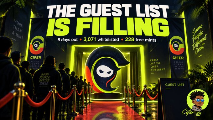 A promotional graphic for 'CIFER' NFT mint event showing 'THE GUEST LIST IS FILLING' with 3,071 whitelisted and 228 free mints, 8 days out.