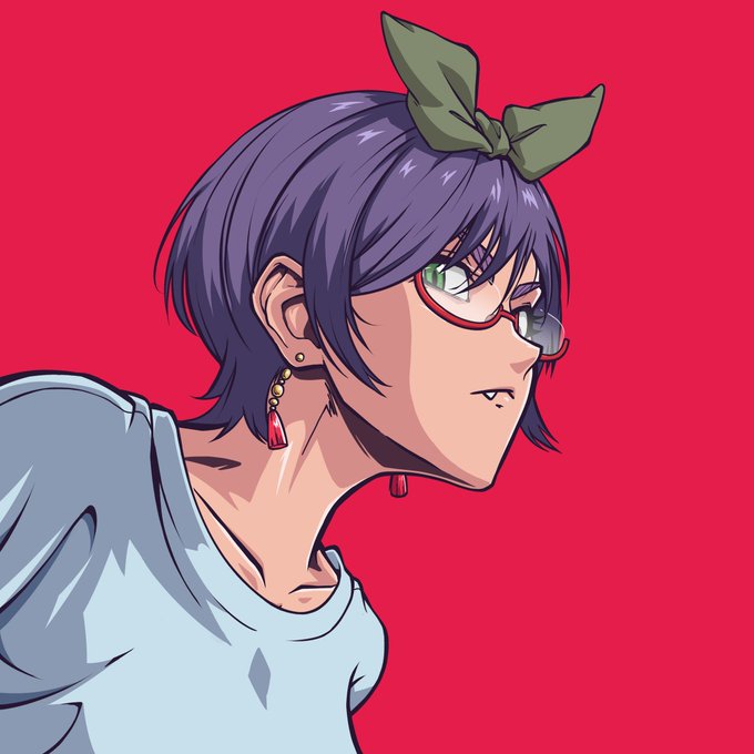 An anime-style illustration of a girl with short purple hair, a green bow, glasses, and earrings, shown in profile against a solid red background.