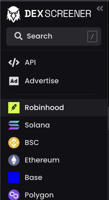 The image shows the DEX Screener navigation menu with Robinhood listed at the top, followed by other blockchains including Solana, BSC, Ethereum, Base, and Polygon. This visual confirms the post's claim that DEX Screener has placed Robinhood Chain above Solana in its platform's blockchain ordering.