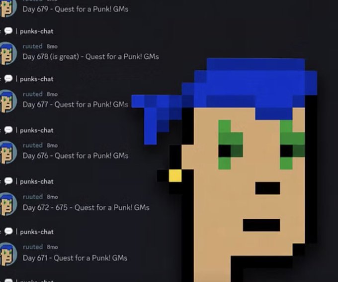 A pixel art portrait of a character with blue hair and green eyes appears next to a list of chat messages about a 'Quest for a Punk! GMs' series.