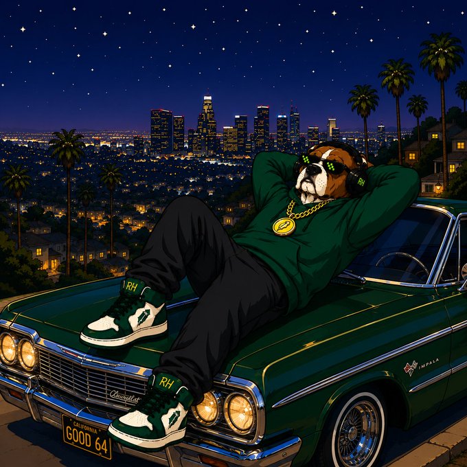 A bulldog wearing green headphones, a gold chain, and "RH" sneakers lounges on the hood of a classic green Chevy Impala with a California license plate reading "GOOD 64," set against a nighttime Los Angeles skyline. The image's green color scheme and "GOOD" license plate visually echo the post's mention of "$GOOD making his first mark," reinforcing a street-level, crypto-launch aesthetic.