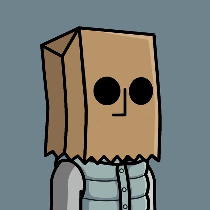 A cartoon illustration of a character whose head is a brown paper bag with two dark eye cutouts and a simple drawn-on nose and mouth, wearing a light blue puffy vest.
