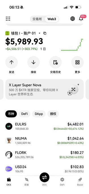 The image shows a smartphone screen displaying various app icons and information about a cryptocurrency called "X-Layer Super Nova". The phone's home screen features an app that allows users to trade and manage their investments, with options for different cryptocurrencies such as Bitcoin and Ethereum. The user interface is in Chinese, which might be challenging for some people who are not familiar with the language.