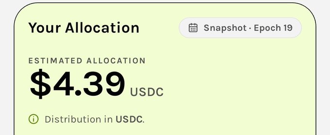 The image shows a "Your Allocation" dashboard from Grass displaying an estimated allocation of $4.39 USDC for Snapshot Epoch 19. This low amount humorously contrasts with the post's dramatic claim of a "7 figure airdrop," highlighting the irony between the hyped expectation and the actual modest payout.