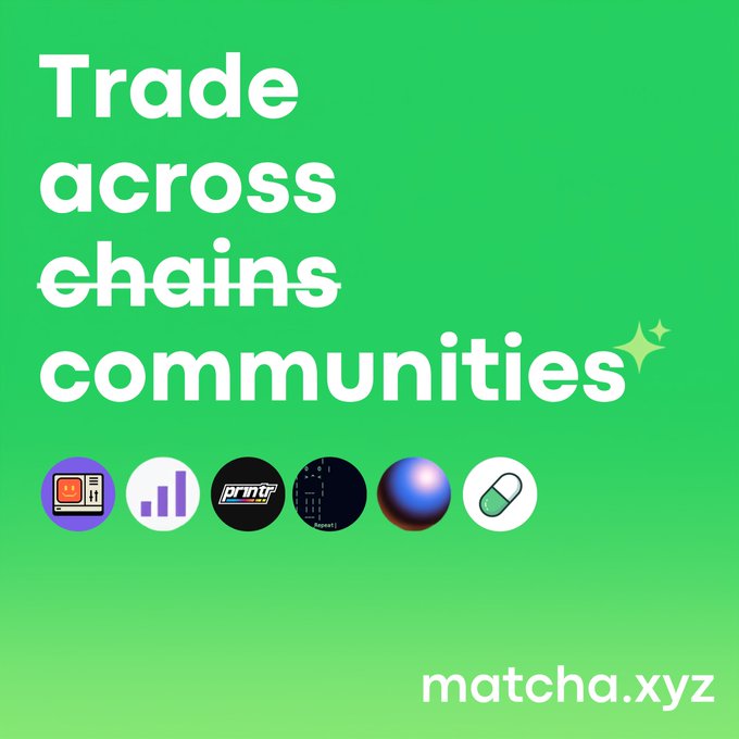 The image features a vibrant green background with white text reading "Trade across chains communities". Below this title are six different logos representing various brands or concepts related to trade, such as bankrbot, clanker world, printr, Truth terminal, zora, and Pumpfun. The logo designs appear to be from different companies or industries, indicating the diverse nature of the trade happening within these communities across multiple platforms.