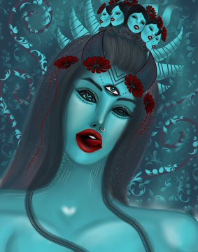 A digital illustration of a blue-skinned female figure with red lips, red flowers in her hair, a trident-like headdress, and a third eye on her forehead, set against a dark blue patterned background.