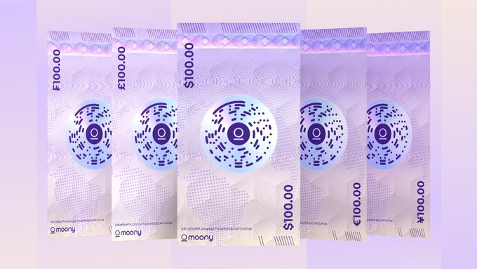 Five promotional $100 bills branded with the "moony" logo and circular designs are displayed in a fan arrangement against a purple gradient background, visually reinforcing the post's message about Moony's simplified approach to sending, receiving, and managing money.
