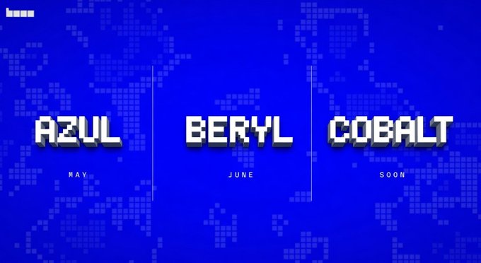 A blue promotional graphic with pixelated text displaying "AZUL MAY", "BERYL JUNE", and "COBALT SOON" separated by vertical lines.