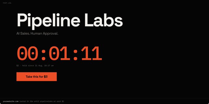 A dark webpage for "Pipeline Labs" with the tagline "AI Sales. Human Approval." displays a large orange countdown timer at "00:01:11" above an orange "Take this for $3" button, with a footer noting the listing was "lasted 1h 32m until pipelines.lol outbid $2"—illustrating the described auction-style homepage where the top spot is sold to the highest bidder and resets with a ticking clock.