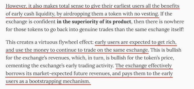 Excerpt from an article discussing token exchange airdrop strategies, with red underlines highlighting text about early cash liquidity, flywheel effects, and bootstrapping mechanisms for exchange revenue.