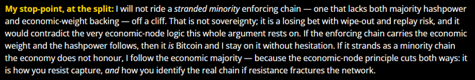 Text excerpt beginning with 'My stop-point, at the split:' discussing Bitcoin and economic node logic in the context of cryptocurrency network splits and sovereignty.