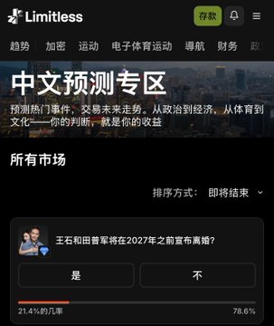 A Limitless prediction market page in Chinese showing a bet on whether Shohei Ohtani and Yu Darvish will marry before 2027, with 21.4% betting 'yes' and 78.6% betting 'no'.