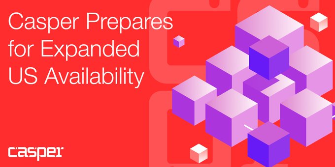A promotional graphic featuring the Casper logo and the headline "Casper Prepares for Expanded US Availability" against a red background with 3D purple and pink cube graphics, visually reinforcing the announcement of Casper's growing presence in the U.S. market.